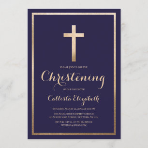 Modern Simple Navy Gold Cross Border Christening Invitation