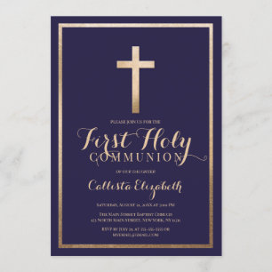 Modern Simple Navy Gold Cross Border Communion Invitation