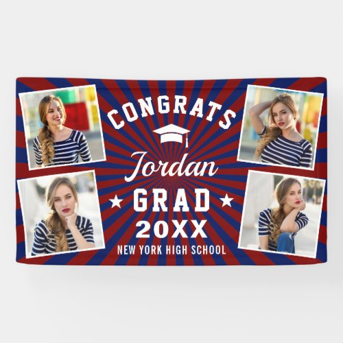 Modern Simple Navy Red Graduation Party 4 PHOTO Banner