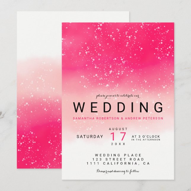 Modern simple neon pink ombre watercolor wedding invitation (Front/Back)