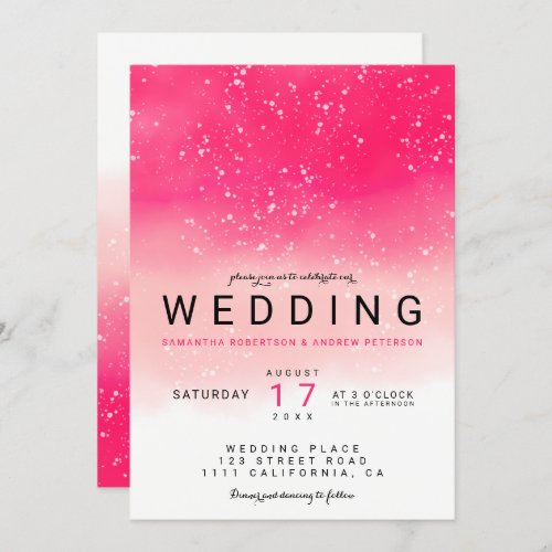 Modern simple neon pink ombre watercolor wedding invitation