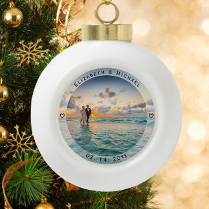 Modern Simple Newlyweds Photo Wedding Anniversary Ceramic Ball Christmas Ornament