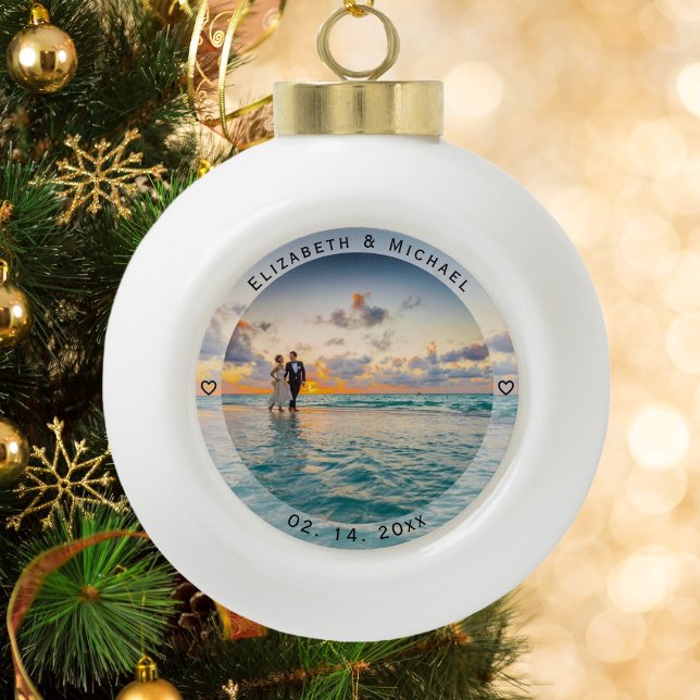 Modern Simple Newlyweds Photo Wedding Anniversary Ceramic Ball Christmas Ornament (Creator Uploaded)