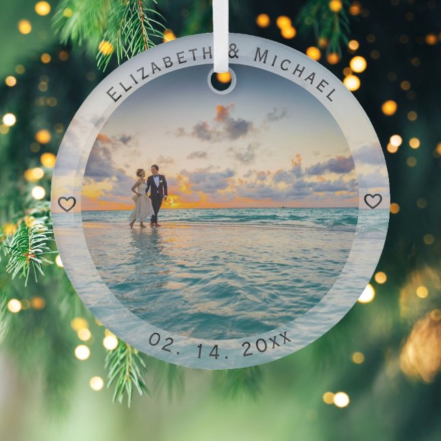 Modern Simple Newlyweds Photo Wedding Anniversary Glass Ornament (Creator Uploaded)