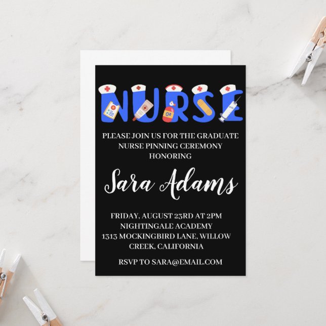 modern simple nursing pinning ceremony invitations (Front/Back In Situ)