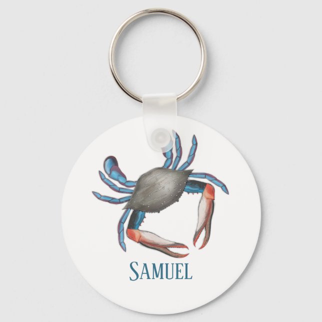 Modern Simple Ocean Blue Crab Nautical Coastal Keychain (Front)