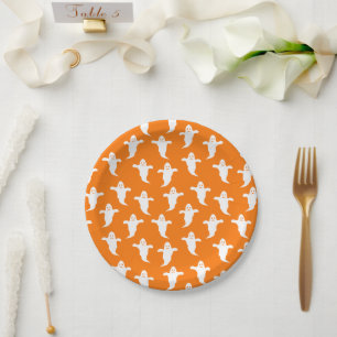 Modern Simple Orange and White Ghosts Halloween Paper Plates