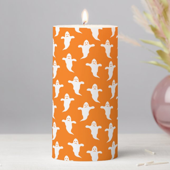 Modern Simple Orange and White Ghosts Halloween Pillar Candle (In Situ)
