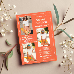 Modern Simple Orange White Photo Sweet Sixteen Invitation