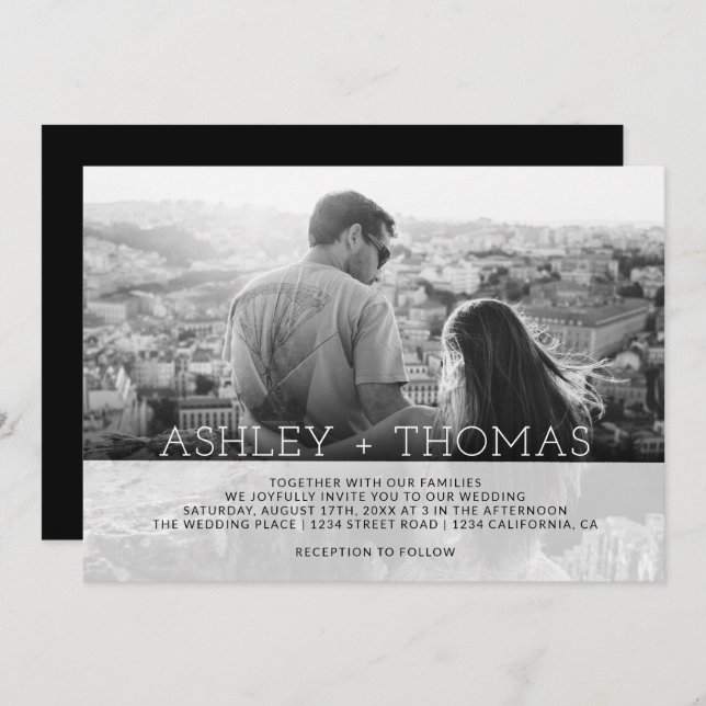 Modern simple overlay monogram photo wedding invitation (Front/Back)