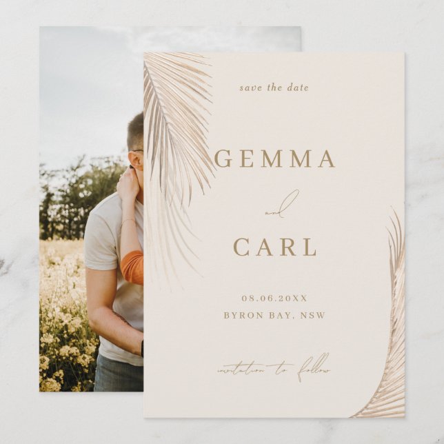 Modern Simple Palm Leaves Photo Save the date Invitation (Front/Back)
