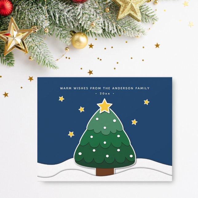 Modern Simple Papercut Stars Snowy Christmas Tree Holiday Card (Creator Uploaded)