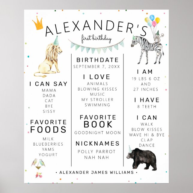 Modern Simple Party Animal 1st Birthday Milestone Poster (Front)