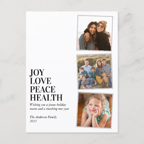 Modern Simple Peace Love Health 3 Photo New Year Holiday Postcard