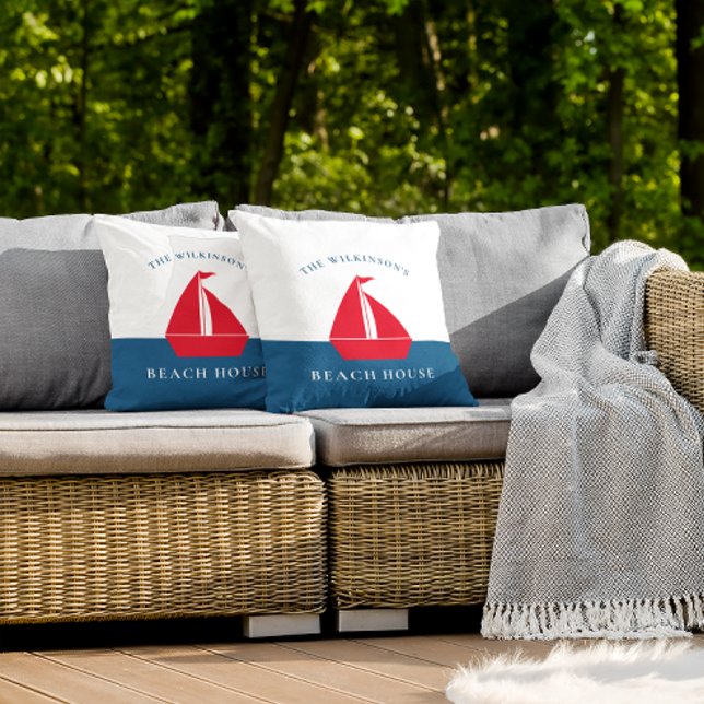 Modern simple  personalized boat  throw pillow (personalized nautical red white and blue maritime throw pillow , ideal for family vacation home.)
