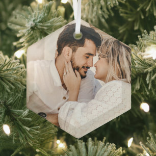 Modern Simple Personalized Custom Couple Photo Glass Ornament