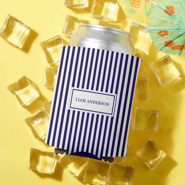Modern Simple Personalized Navy Vertical Striped Can Cooler (In Situ Summer)