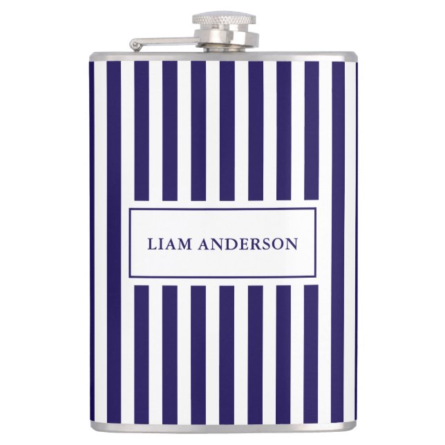 Modern Simple Personalized Navy Vertical Striped Flask (Front)