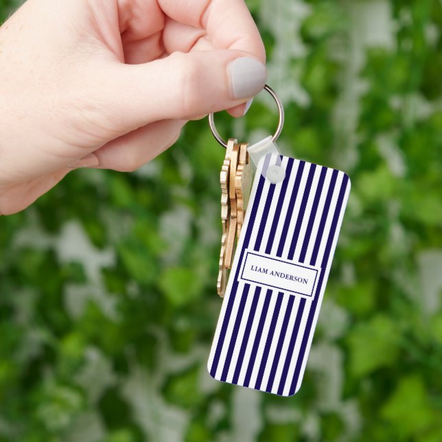 Modern Simple Personalized Navy Vertical Striped Keychain (Hand)