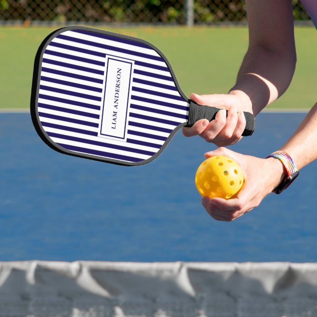 Modern Simple Personalized Navy Vertical Striped Pickleball Paddle (Insitu)