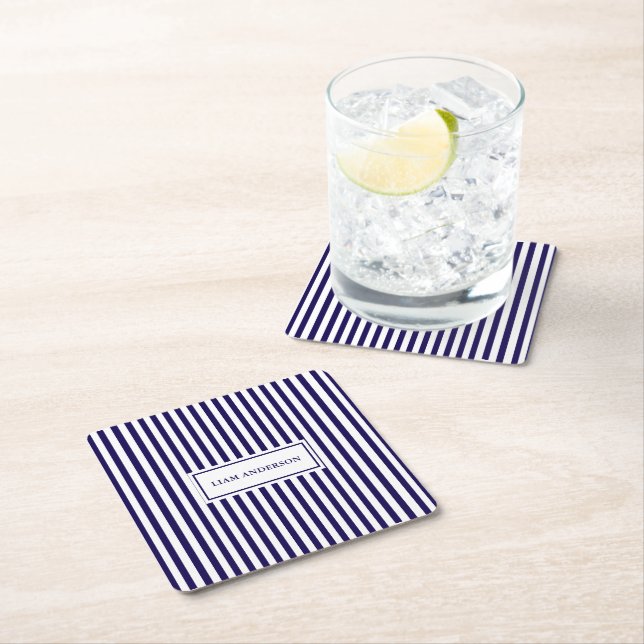 Modern Simple Personalized Navy Vertical Striped Square Paper Coaster (Insitu)