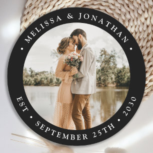 Modern Simple Personalized Photo Black Wedding Round Paper Coaster