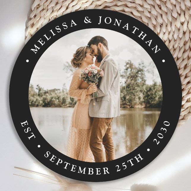 Modern Simple Personalized Photo Black Wedding Round Paper Coaster (Creator Uploaded)