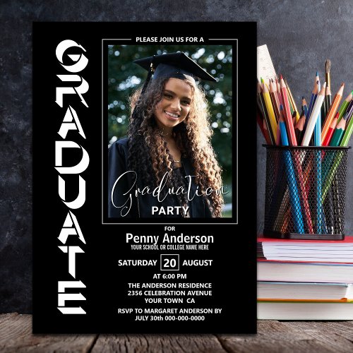 Modern Simple Photo Black Graduation Party Invitation