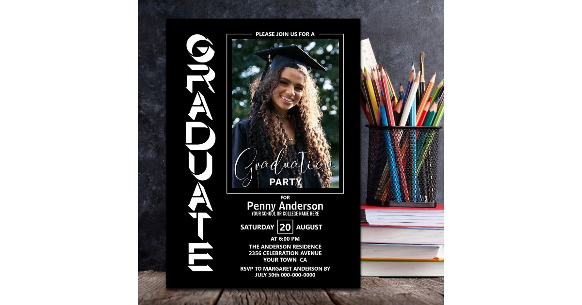 Modern Simple Photo Black Graduation Party Invitation | Zazzle