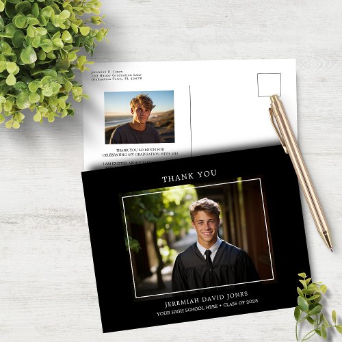 Modern Simple Photo Black Graduation Thank You Postcard