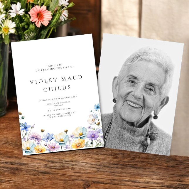 Modern simple  photo celebration of life funeral  invitation (Beautiful wildflower celebration of life card with a photo keepsake to treasure forever )