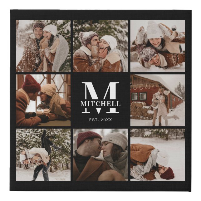 Modern Simple Photo Collage Keepsake | Black Faux Canvas Print (Front)