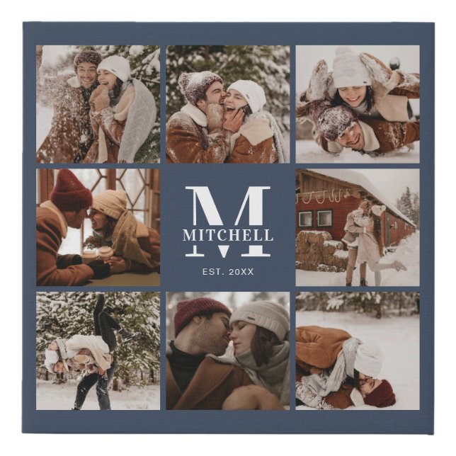 Modern Simple Photo Collage Keepsake | Navy Blue Faux Canvas Print (Front)