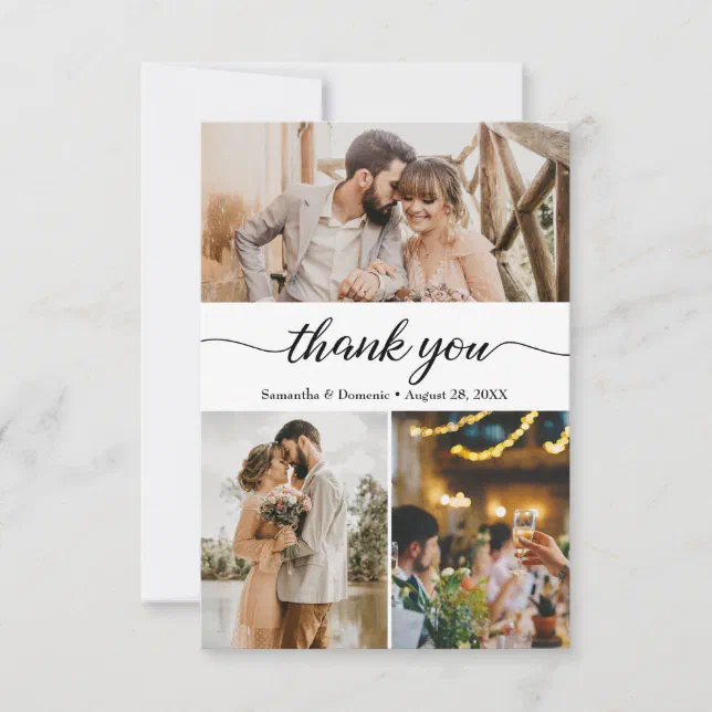 Modern Simple Photo Collage Script Wedding Thank You Card | Zazzle