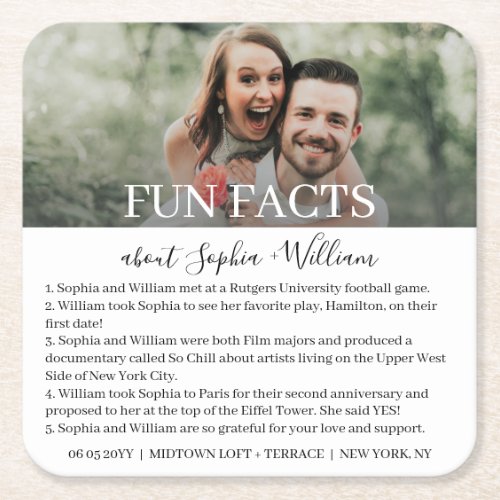 Modern Simple Photo Fun Facts Wedding Square Paper Square Paper Coaster
