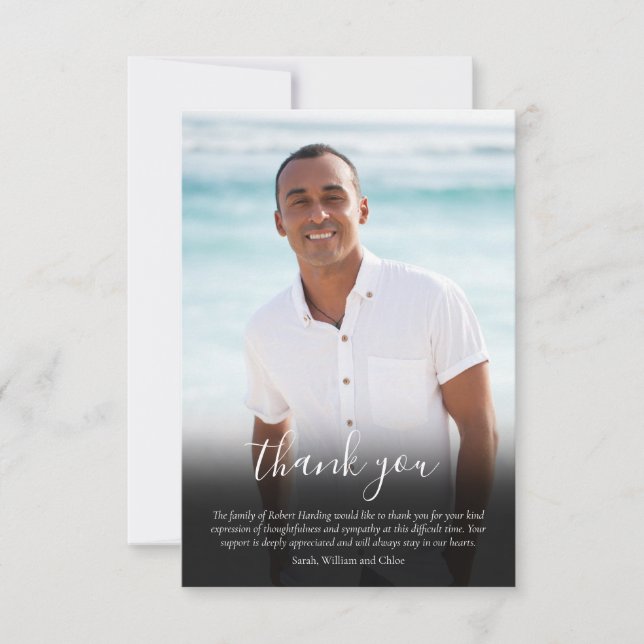 Modern Simple Photo Funeral Elegant Script Thank You Card (Front)