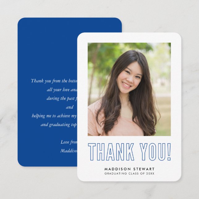 modern simple photo GRAD THANK YOU royal blue Card (Front/Back)