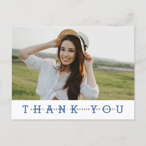 Modern Simple Photo Graduation Thank You Blue Postcard