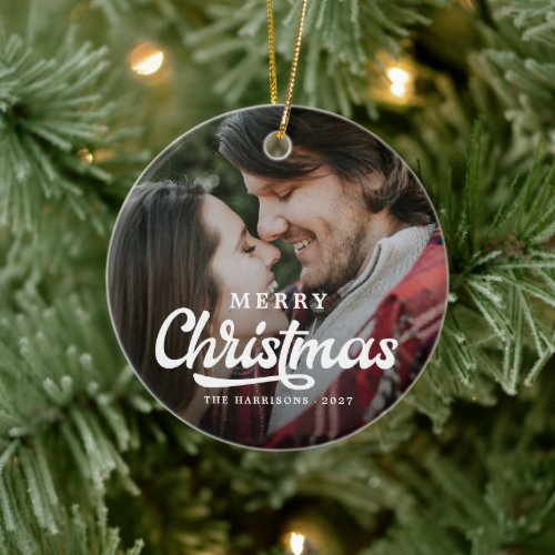 Modern Simple Photo Merry Christmas Tartan Ceramic Ornament