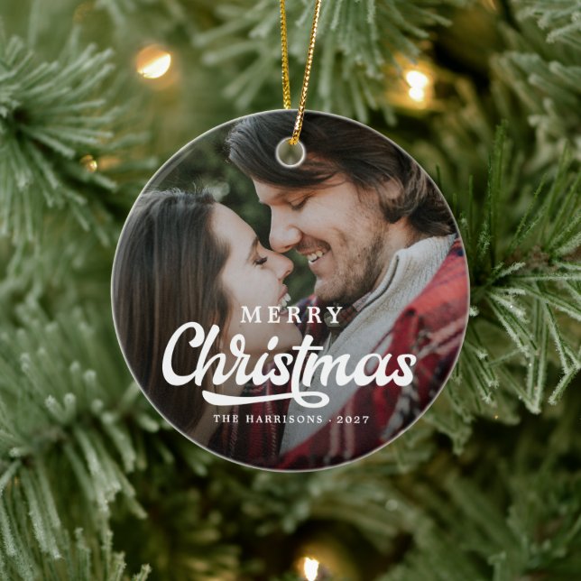 Modern Simple Photo Merry Christmas Tartan Ceramic Ornament (Tree)