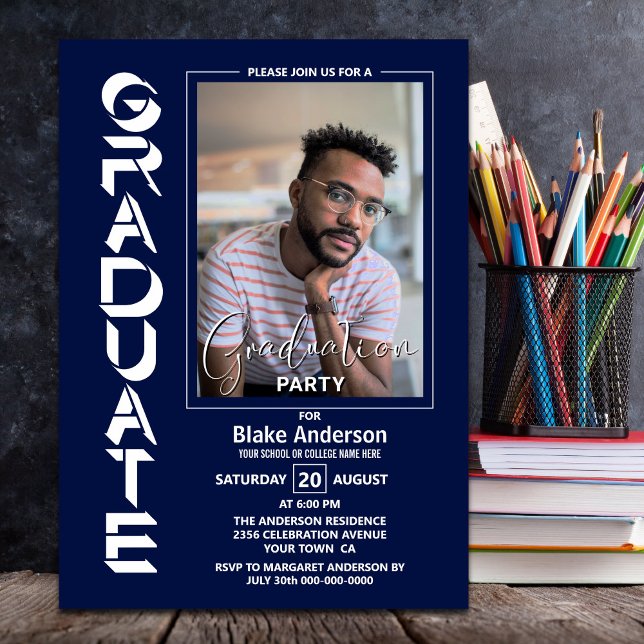 Modern Simple Photo Navy Blue Graduation Party Invitation (Creator Uploaded)