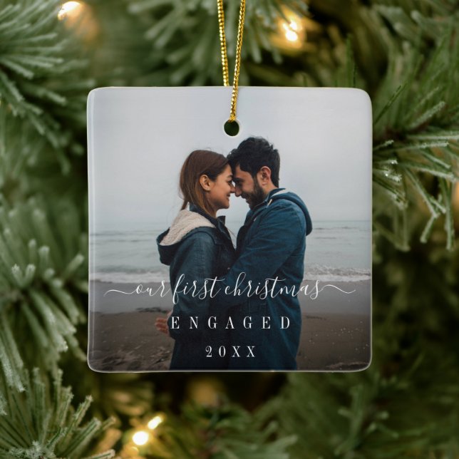 Modern Simple Photo Our First Christmas Engaged Ceramic Ornament (Tree)