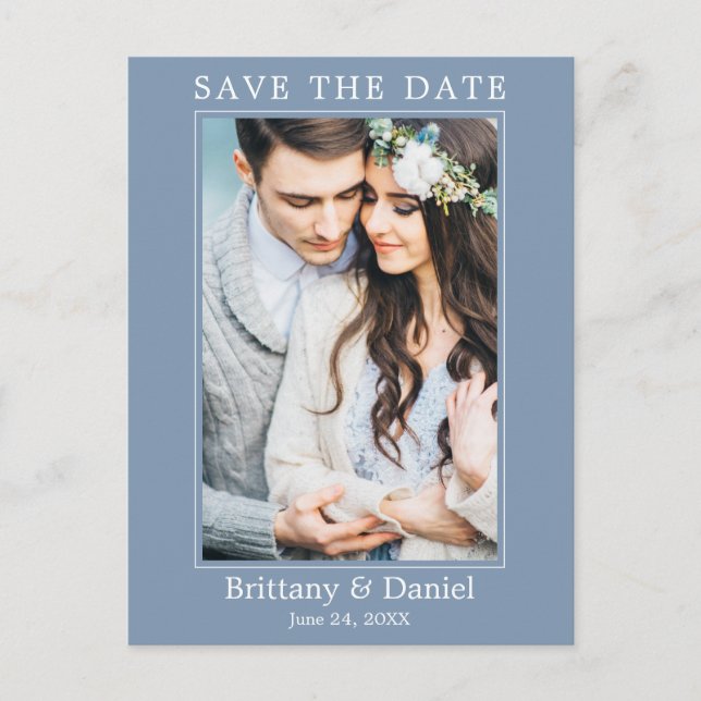 Modern Simple Photo Save The Date Dusty Blue Postcard (Front)