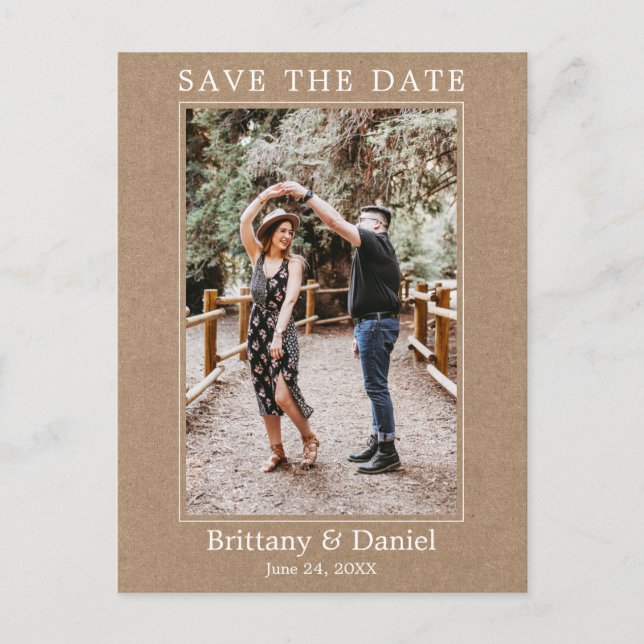 Modern Simple Photo Save The Date Kraft Postcard (Front)