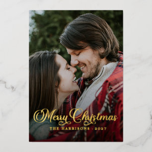 Modern Simple Photo Script Merry Christmas Tartan Foil Holiday Card