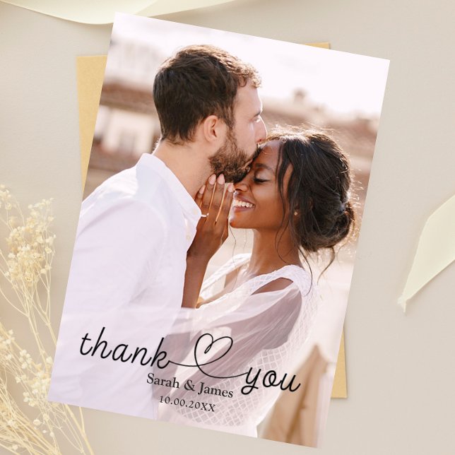 Modern Simple Photo Thank You Calligraphy Wedding Card (Creator Uploaded)
