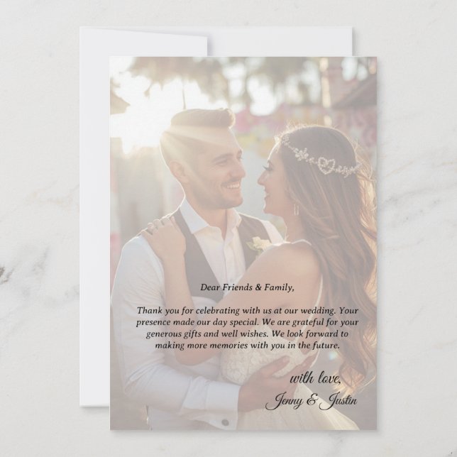 Modern Simple Photo Wedding Thank You Card W Note (Back)