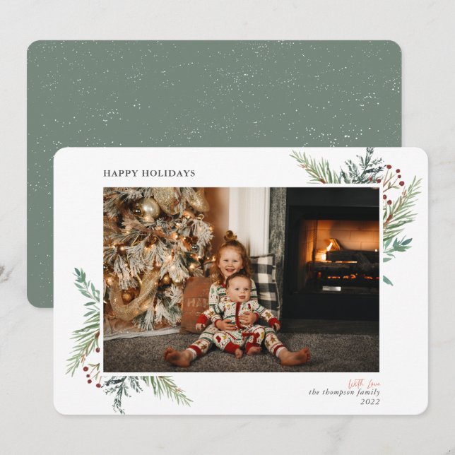 Modern Simple Pine Greens Green Photo Holiday Card (Front/Back)