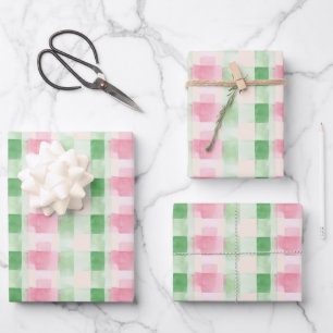 Modern Simple Pink and Green Watercolor Plaid Wrapping Paper Sheets