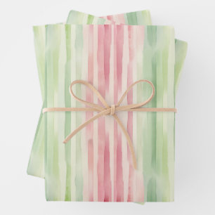 Modern Simple Pink and Green Watercolor Stripes Wrapping Paper Sheets